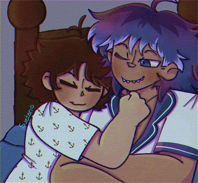 Bust w/ two characters and background, full rendering (Gav and Li, owned by @melliemania15 on Instagram)